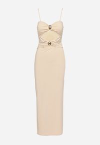 Born2be - Beżowa Sukienka Dopasowana na Ramiączkach z Wycięciami pod Biustem i Metalowymi Detalami Galentia. Okazja: na co dzień. Kolor: beżowy. Długość rękawa: na ramiączkach. Styl: klasyczny, casual #6