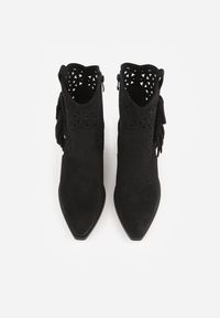 Born2be - Czarne Botki Kowbojki na Stożkowym Obcasie z Ażurowym Wzorem i Eathetina. Okazja: na co dzień. Kolor: czarny. Materiał: jeans. Wzór: ażurowy. Obcas: na obcasie. Styl: boho, casual, elegancki. Wysokość obcasa: średni #3