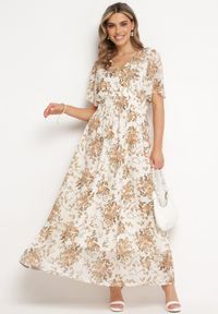 Born2be - Beżowa Rozkloszowana Sukienka z Krótkim Rękawem i Gumką w Pasie Wiązana na Plecach Jolla. Kolor: beżowy. Długość rękawa: krótki rękaw. Styl: klasyczny #7