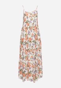 Born2be - Biało-Różowa Sukienka z Wiskozy na Cienkich Ramiączkach z Falbanką Jrinesa. Kolor: biały. Materiał: wiskoza. Długość rękawa: na ramiączkach. Sezon: lato #6