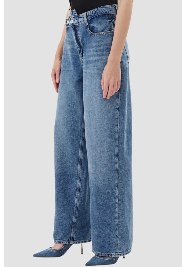 Guess - GUESS Niebieskie jeansy damskie z szeroką nogawką, Rozmiar XS. Okazja: na co dzień. Stan: podwyższony. Kolor: niebieski. Styl: klasyczny, casual