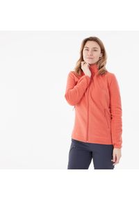 quechua - Polar turystyczny damski Quechua MH100 zamek. Typ kołnierza: kołnierzyk stójkowy. Kolor: pomarańczowy, czerwony, wielokolorowy. Materiał: materiał, poliester