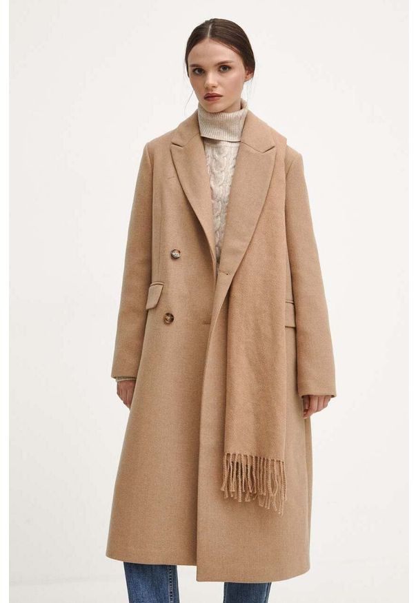 medicine - Medicine płaszcz z domieszką wełny kolor beżowy przejściowy dwurzędowy. Kolor: beżowy. Materiał: wełna. Wzór: aplikacja. Styl: klasyczny