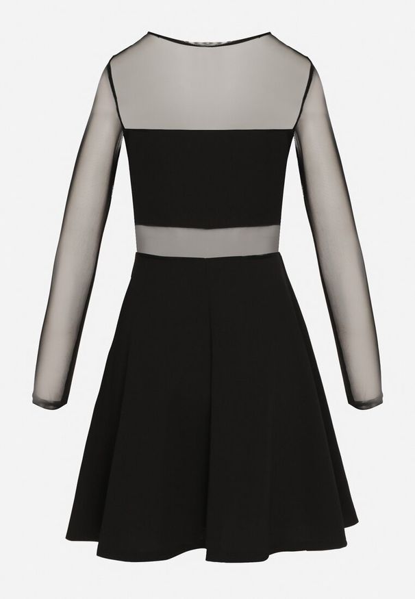 Born2be - Czarna Rozkloszowana Sukienka Mini ze Wstawkami z Siateczki Olessea. Okazja: na co dzień. Kolor: czarny. Materiał: skóra. Długość rękawa: długi rękaw. Typ sukienki: proste. Styl: casual. Długość: mini