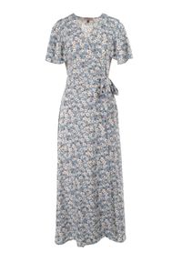 Renee - Niebieska Sukienka Klephithise. Typ kołnierza: dekolt w serek. Kolor: niebieski. Materiał: wiskoza. Długość rękawa: krótki rękaw. Wzór: kwiaty. Sezon: lato. Typ sukienki: kopertowe. Długość: maxi #4