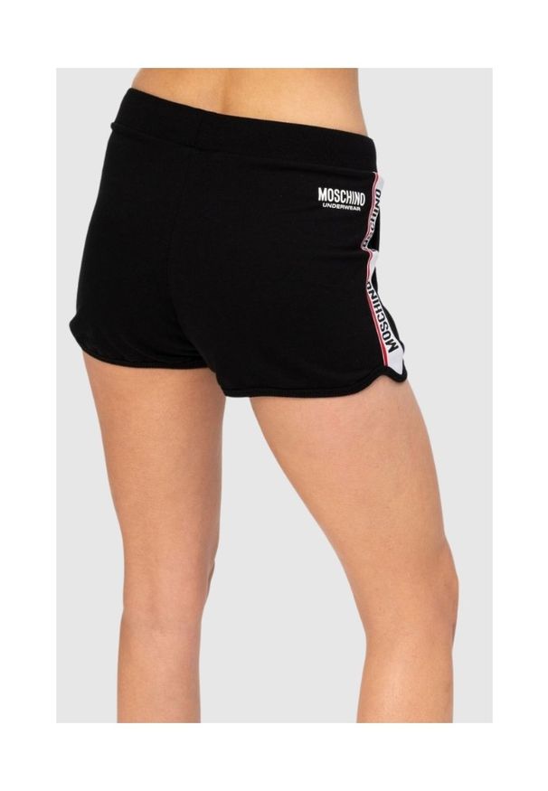MOSCHINO Czarne szorty damskie z lampasami, Rozmiar XS. Kolor: czarny. Materiał: prążkowany, bawełna. Wzór: aplikacja