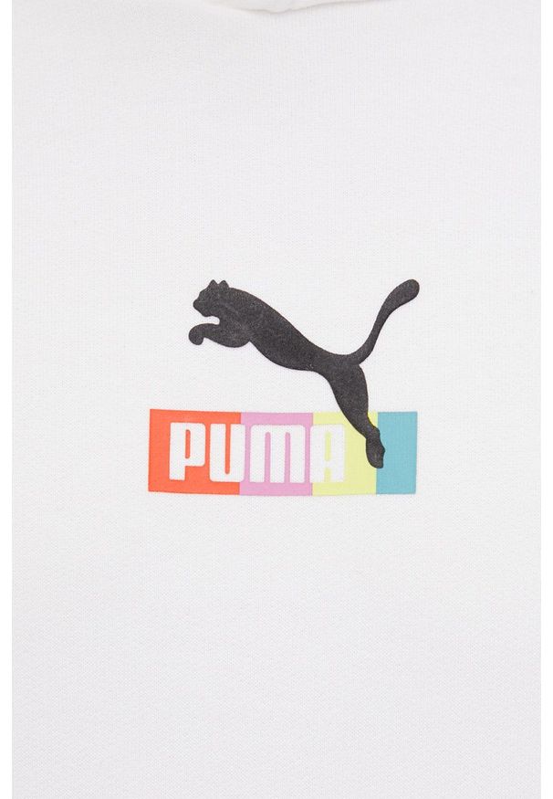 Puma bluza bawełniana 533658 męska kolor biały z kapturem z nadrukiem. Typ kołnierza: kaptur. Kolor: biały. Materiał: bawełna. Wzór: nadruk