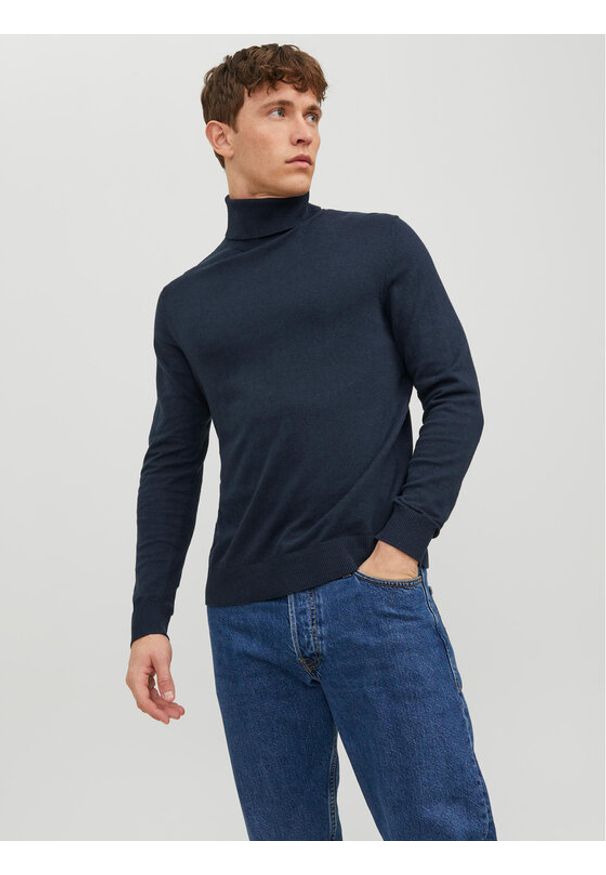 Jack & Jones Golf 12157417 Granatowy Regular Fit. Typ kołnierza: golf. Kolor: niebieski. Materiał: bawełna