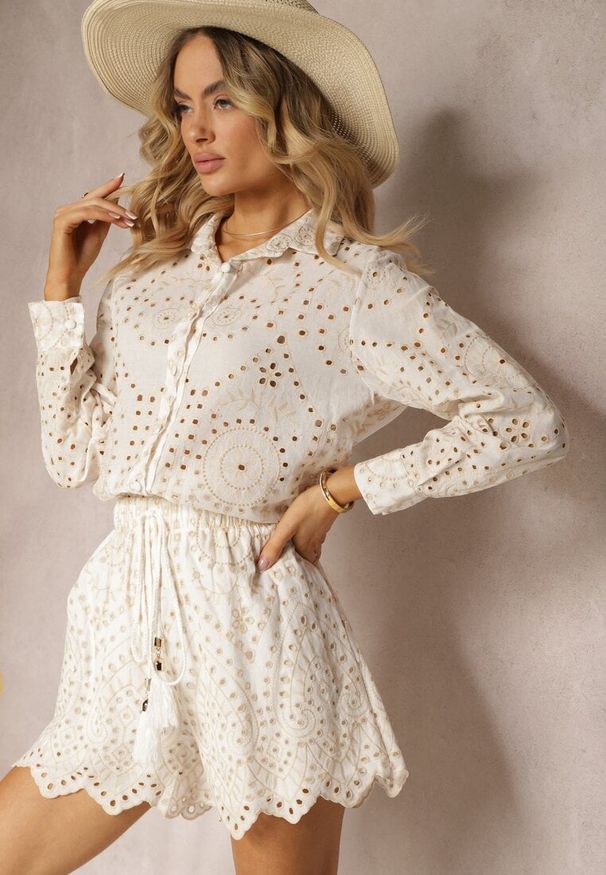 Renee - Beżowy Haftowany Komplet z Bawełny Koszula z Długim Rękawem i Luźne Szorty Lecobia. Kolor: beżowy. Materiał: bawełna. Wzór: haft