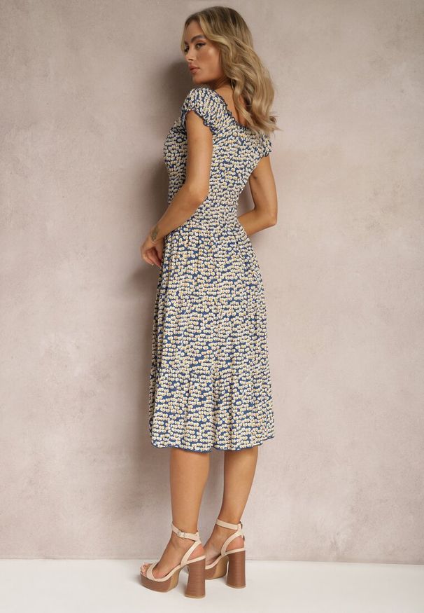 Renee - Niebiesko-Żółta Rozkloszowana Sukienka z Wiskozy Midi z Guzikami Firla. Kolor: niebieski. Materiał: wiskoza. Styl: elegancki. Długość: midi