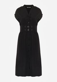 Renee - Czarna Sukienka na Guziki z Gorsetowym Panelem z Klamrami w Talii Frose. Typ kołnierza: dekolt gorset. Kolor: czarny. Typ sukienki: gorsetowe. Długość: midi #4