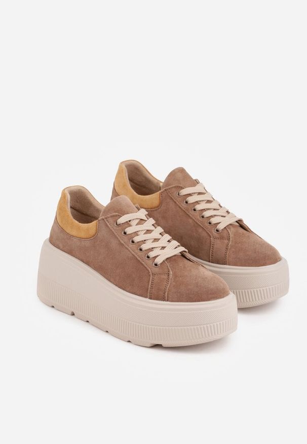 Born2be - Brązowe Zamszowe Sneakersy na Grubej Podeszwie Latella. Okazja: na co dzień. Kolor: brązowy. Materiał: zamsz