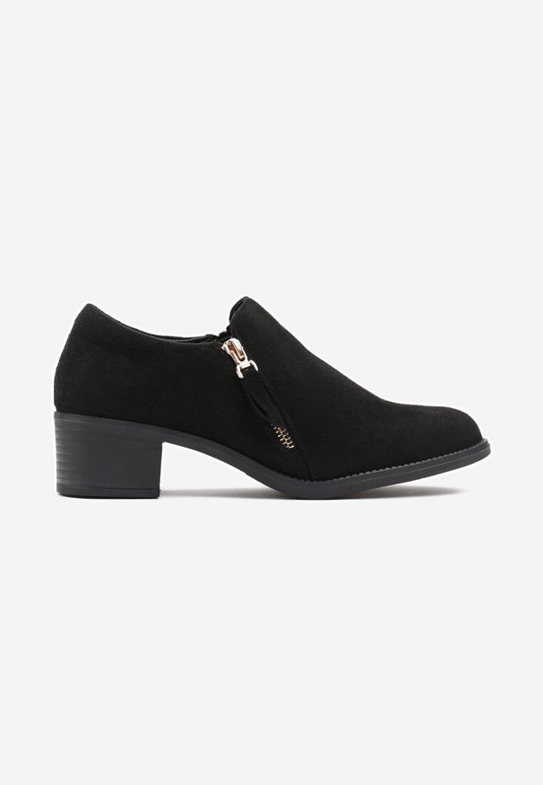 Born2be - Czarne Półbuty na Niskim Słupku z Ozdobnym Suwakiem Aricca. Okazja: na co dzień. Kolor: czarny. Materiał: jeans. Obcas: na słupku. Styl: casual, elegancki