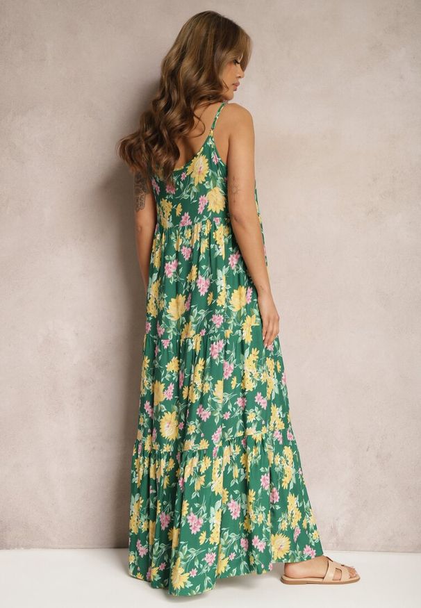 Renee - Zielona Wiskozowa Sukienka na Ramiączkach z Falbanką Lrinesa. Okazja: na spacer. Kolor: zielony. Materiał: wiskoza. Długość rękawa: na ramiączkach. Sezon: lato