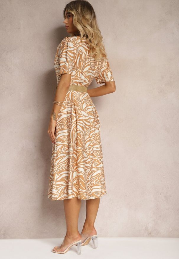 Renee - Beżowa Koszulowa Sukienka z Bufiastymi Rękawami i Plecionym Paskiem w Talii Aslatia. Okazja: na spotkanie biznesowe. Kolor: beżowy. Materiał: wiskoza, tkanina. Wzór: aplikacja. Sezon: lato. Typ sukienki: koszulowe. Styl: klasyczny, wakacyjny, biznesowy