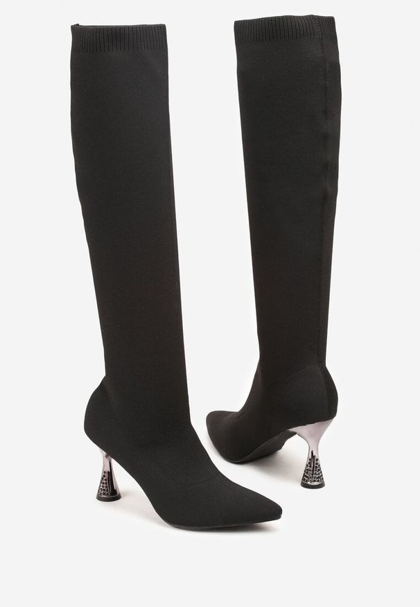 Renee - Czarne Kozaki Vices ze Skarpetkową Cholewką na Klepsydrze z Cyrkoniami Gioluna. Okazja: na imprezę. Zapięcie: bez zapięcia. Kolor: czarny. Materiał: jeans. Szerokość cholewki: normalna. Obcas: na obcasie. Styl: elegancki. Wysokość obcasa: średni
