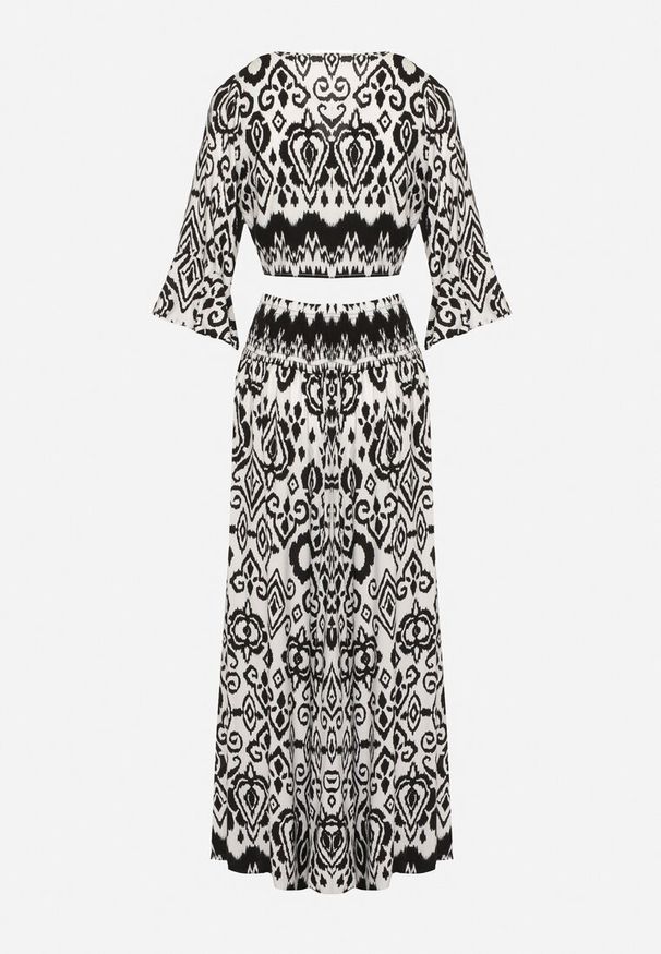 Born2be - Czarno-Biały Bawełniany Komplet Kopertowy Top z Wiązaniem Szerokie Spodnie z Gumką w Pasie Viknie. Kolor: czarny. Materiał: bawełna