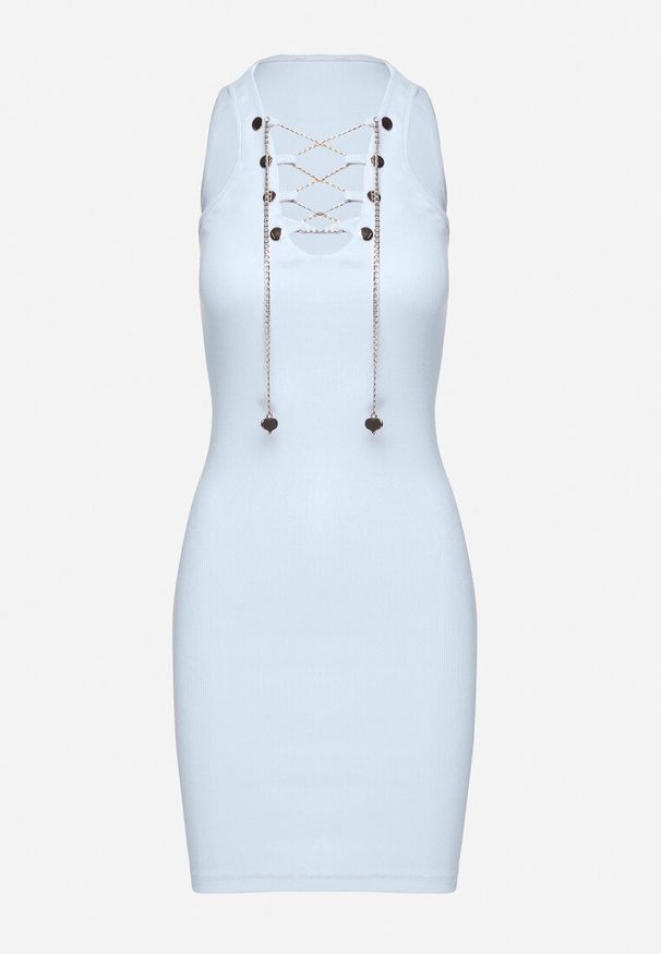 Born2be - Niebieska Bawełniana Sukienka Prążkowana z Ozdobnie Wiązanym Dekoltem Vikimarra. Okazja: na co dzień. Kolor: niebieski. Materiał: prążkowany, bawełna. Długość rękawa: krótki rękaw. Styl: wizytowy, klasyczny, casual, elegancki