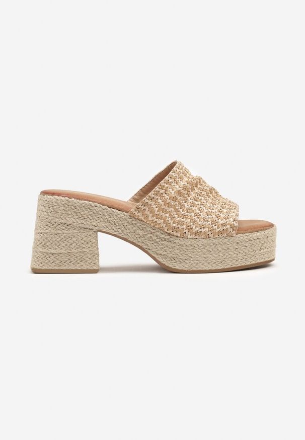 Born2be - Ciemnobeżowe Plecione Klapki na Słupku i Platformie Rivabia. Okazja: na co dzień. Kolor: beżowy. Materiał: jeans. Obcas: na platformie. Styl: elegancki, casual. Wysokość obcasa: średni