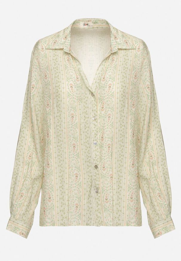 Born2be - Zielona Wiskozowa Koszula w Drobny Wzór z Kwiatami Rivedia. Okazja: na co dzień. Typ kołnierza: kołnierzyk klasyczny. Kolor: zielony. Materiał: wiskoza. Długość rękawa: długi rękaw. Długość: długie. Wzór: kwiaty. Styl: elegancki, klasyczny, casual