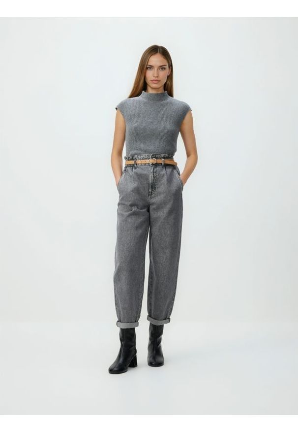 Reserved - Jeansy paperbag - szary. Kolor: szary