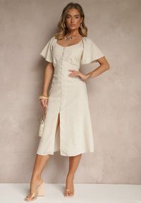 Renee - Beżowa Bawełniana Sukienka z Wiązaniem i Guzikami Kolarissa. Okazja: na co dzień. Kolor: beżowy. Materiał: bawełna. Typ sukienki: proste, koszulowe. Styl: elegancki, casual