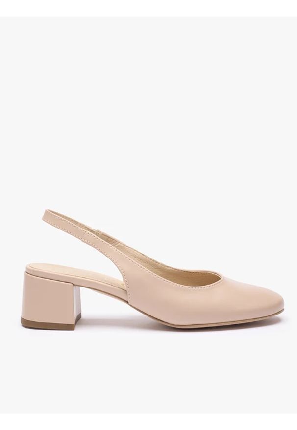 Ryłko - Beżowe czółenka slingback bez pięty. Okazja: na co dzień. Nosek buta: okrągły. Kolor: beżowy. Materiał: skóra. Obcas: na obcasie. Styl: klasyczny, casual, elegancki, street. Wysokość obcasa: średni