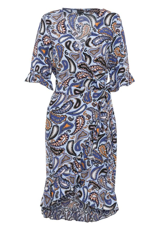 Sukienka kopertowa z falbanami bonprix niebieski wzorzysty. Kolor: niebieski. Materiał: materiał, wiskoza. Typ sukienki: kopertowe