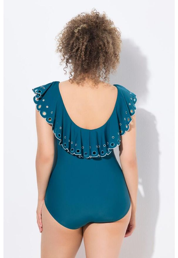 ULLA POPKEN - Damski Strój kąpielowy falbana haft miękkie miseczki z recyklingu. Kolekcja: plus size. Kolor: zielony. Materiał: poliamid, materiał, elastan. Wzór: haft