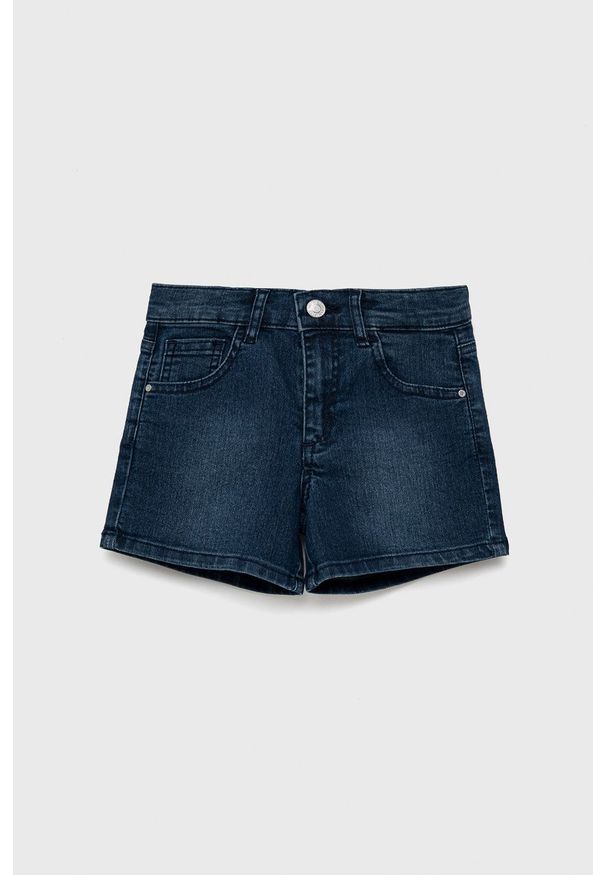 Guess szorty jeansowe dziecięce kolor granatowy gładkie regulowana talia. Stan: podwyższony. Kolor: niebieski. Materiał: jeans. Wzór: gładki