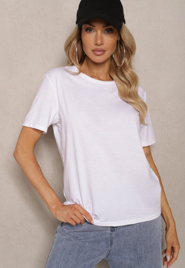 Renee - Biały T-shirt Koszulka z Krótkim Rękawem i Okrągłym Dekoltem Tiarella. Kolor: biały. Materiał: jeans. Długość rękawa: krótki rękaw. Długość: krótkie. Wzór: aplikacja. Styl: klasyczny, elegancki