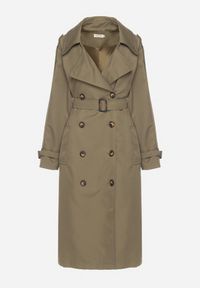 Born2be - Zielony Dwurzędowy Płaszcz Trencz o Oversizowym Kroju z Paskiem Inathara. Okazja: na co dzień, na spacer, do pracy. Kolor: zielony. Materiał: jeans. Wzór: aplikacja. Styl: casual, klasyczny #2