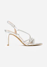 Renee - Srebrne Cyrkoniowe Sandały na Obcasie Typu Szpilka Kalefera. Okazja: na imprezę. Kolor: srebrny. Materiał: satyna, jeans. Wzór: aplikacja. Sezon: lato. Obcas: na obcasie. Styl: elegancki. Wysokość obcasa: średni #2