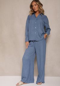 Renee - Niebieski Komplet z Bawełny Koszula i Spodnie Wide Leg Amaddie. Kolor: niebieski. Materiał: bawełna #2