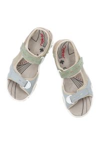 Sandały damskie Rieker, cholewka ze skóry ekologicznej z kolorowymi wstawkami regulowanymi paskami na rzep odkryty fason, kolorowe, 68866-94. Zapięcie: rzepy. Materiał: skóra ekologiczna. Wzór: kolorowy #5