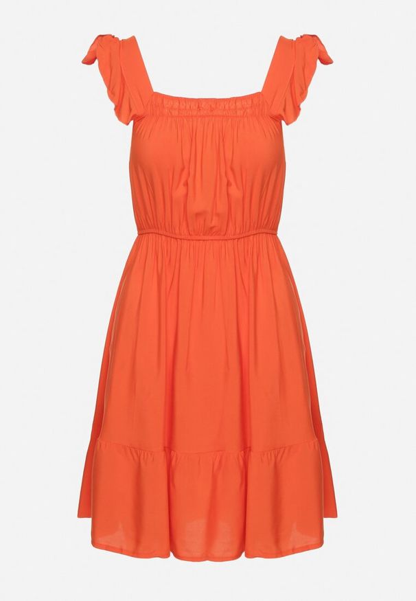 Born2be - Pomarańczowa Sukienka z Wiskozą o Rozkloszowanym Kroju z Gumką w Pasie Lirimere. Okazja: na co dzień. Typ kołnierza: kołnierz z falbankami. Kolor: pomarańczowy. Materiał: wiskoza. Długość rękawa: na ramiączkach. Styl: casual, elegancki