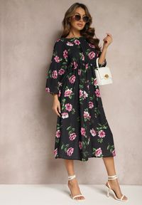 Renee - Czarno-Różowa Midi Sukienka w Kwiaty o Rozkloszowanym Kroju z Rękawami Nietoperz Jervia. Kolor: czarny. Wzór: kwiaty. Styl: elegancki. Długość: midi #4