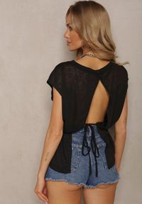 Renee - Czarny Top z Regulacją w Talii i Wiązaniem na Dole z Rozcięciem na Plecach Tiimaelin. Okazja: na co dzień. Kolor: czarny. Materiał: jeans. Styl: sportowy, wizytowy, elegancki, casual #3