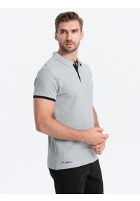 Ombre Clothing - Bawełniana koszulka męska polo z kontrastowymi wykończeniami – szary melanż V7 - Rozmiar: XL. Typ kołnierza: polo. Kolor: szary. Materiał: bawełna. Wzór: melanż