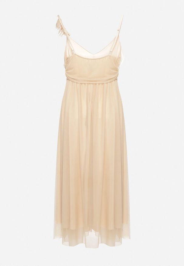 Born2be - Beżowa Sukienka na Ramiączkach z Gumką w Talii i Falbanką Watalia. Okazja: na imprezę. Kolor: beżowy. Materiał: materiał. Długość rękawa: na ramiączkach. Sezon: lato