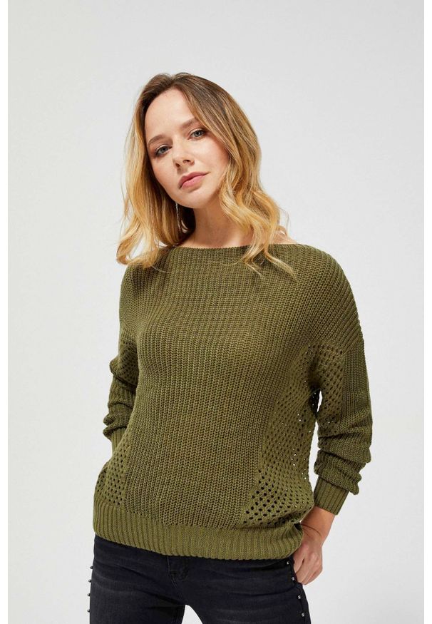 MOODO - Sweter oversize z ażurowym wzorem. Materiał: żakard, akryl, bawełna. Długość rękawa: długi rękaw. Długość: długie. Wzór: ażurowy