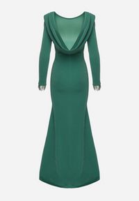 Born2be - Ciemnozielona Taliowana Sukienka z Długim Rękawem z Piórami i Odkrytymi Plecami Emelira. Kolor: zielony. Materiał: skóra. Długość rękawa: długi rękaw. Wzór: aplikacja. Styl: elegancki #3