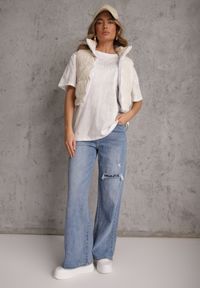 Renee - Biały Oversizowy T-shirt z Bawełny Zdobiony Haftem z Cekinami Marivia. Okazja: na co dzień. Kolor: biały. Materiał: bawełna. Wzór: haft, aplikacja. Styl: casual, elegancki #7