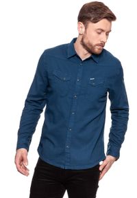 Wrangler - KOSZULA WRANGLER L/S WESTERN SHIRT NAVY W5969NS35. Materiał: materiał. Długość rękawa: długi rękaw. Długość: długie. Wzór: jednolity, jodełka. Styl: elegancki