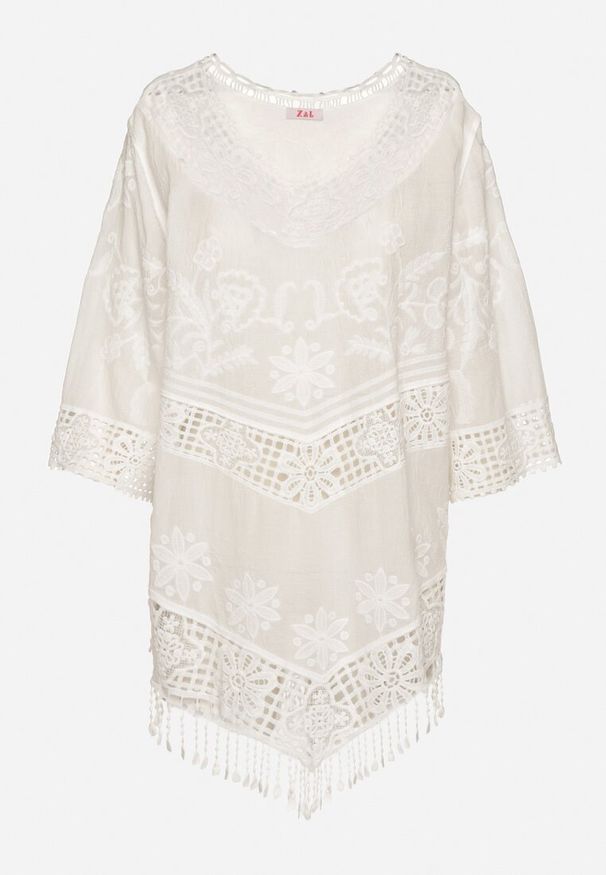 Born2be - Biała Bawełniana Bluzka Oversize w Stylu Boho z Haftem i Koroną Maivienne. Okazja: na co dzień. Typ kołnierza: dekolt w serek. Kolor: biały. Długość: krótkie. Wzór: haft. Materiał: bawełna. Długość rękawa: krótki rękaw. Sezon: lato, wiosna. Styl: boho
