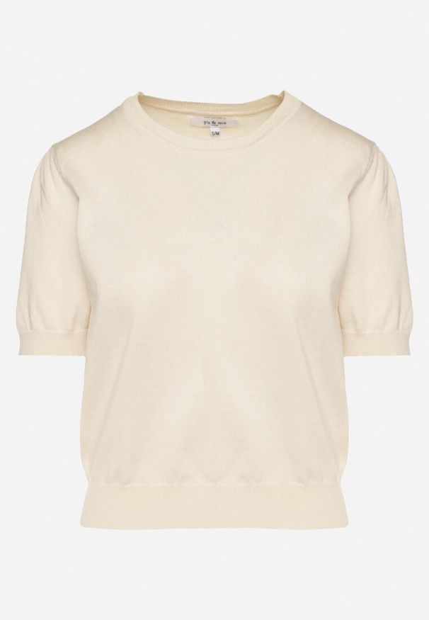 Born2be - Beżowa Bluzka Sweterkowa z Lekko Bufiastymi Rękawami z Wiskozą Adeva. Okazja: na co dzień. Kolor: beżowy. Materiał: wiskoza. Styl: elegancki, casual