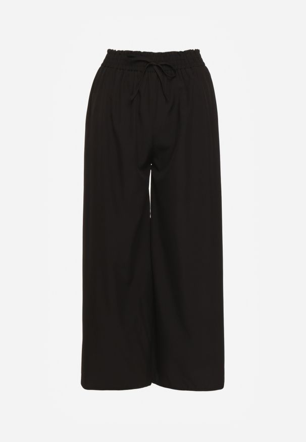 Renee - Czarne Spodnie High Waist z Szerokimi Nogawkami z Wiskozą Wykończone Gumką w Talii Crisantas. Okazja: na spotkanie biznesowe, na co dzień, na spacer. Stan: podwyższony. Kolor: czarny. Materiał: wiskoza. Styl: elegancki, biznesowy, casual