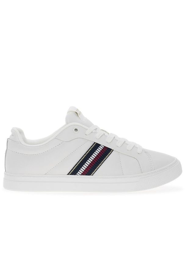 TOMMY HILFIGER - Buty damskie Tommy Hilfiger Icon Court Sneakers Stripes FW0FW08110-YBL - białe. Okazja: na co dzień. Zapięcie: sznurówki. Kolor: biały. Materiał: guma, poliester, skóra. Szerokość cholewki: normalna. Wzór: aplikacja. Obcas: na platformie. Sport: turystyka piesza