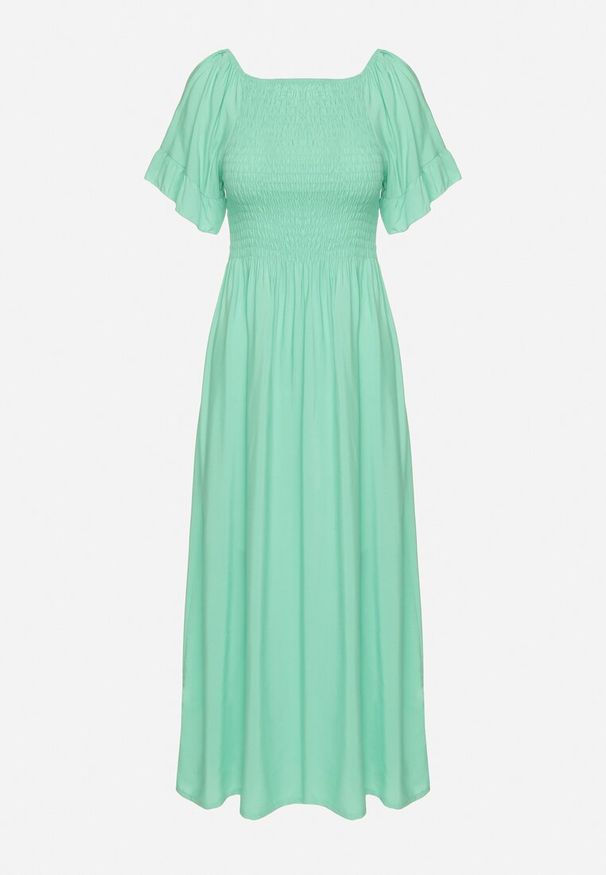 Born2be - Jasnozielona Bawełniana Sukienka o Kroju Hiszpanki z Elastyczną Górą Niloviria. Okazja: na co dzień. Typ kołnierza: dekolt hiszpanka. Kolor: zielony. Materiał: bawełna. Długość rękawa: krótki rękaw. Styl: casual, klasyczny