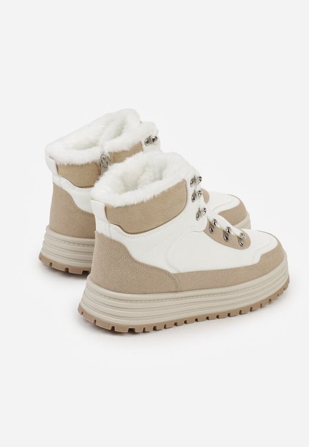 Renee - Białe Sneakersy w Stylu Traperów na Platformie Ewedora. Okazja: na co dzień. Kolor: biały. Materiał: jeans. Obcas: na platformie